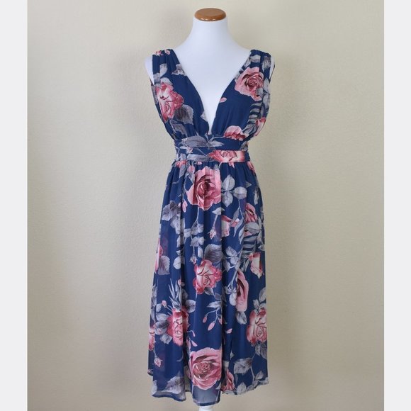 Lulu's Navy Floral Midi Dress - Picture 1 of 8